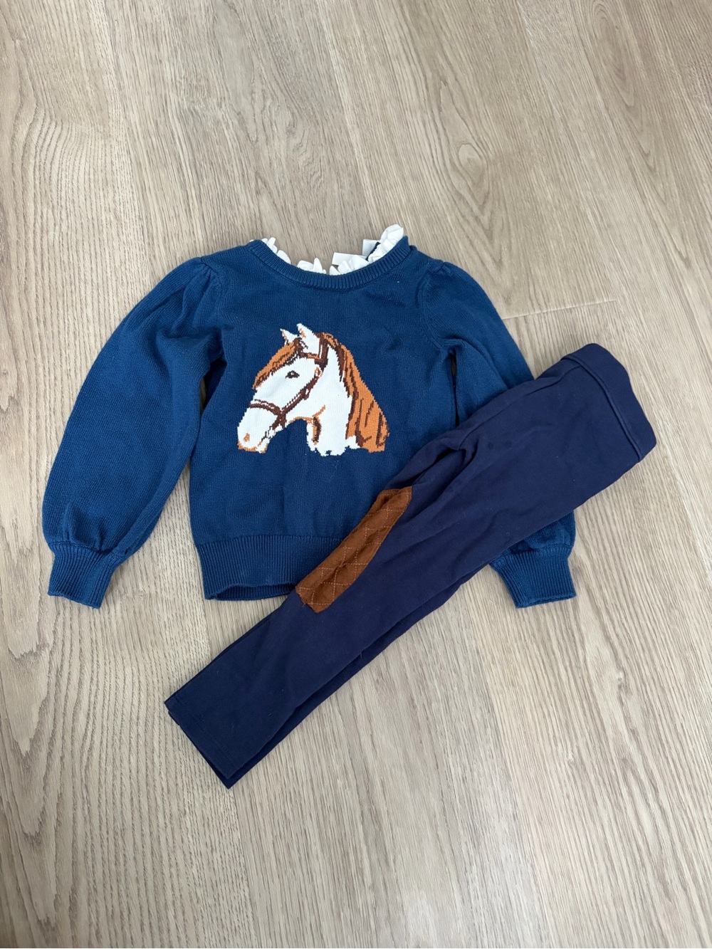 Janie and Jack Navy Sweater with Brown & White Horse and Navy Riding Leggings